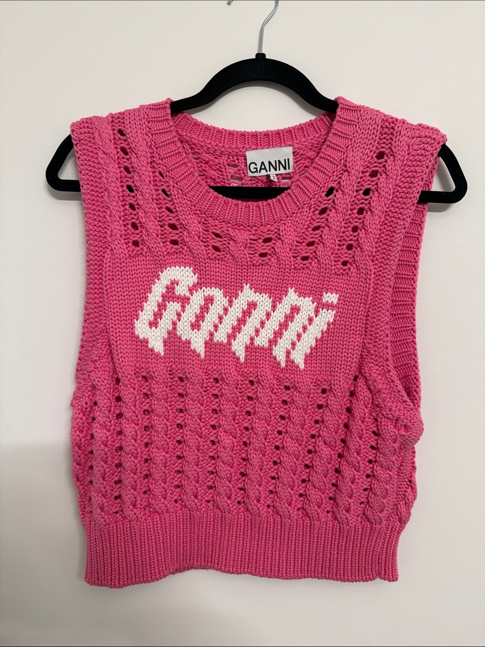 Ganni Pink Knit Logo Sweater Vest with White Script
